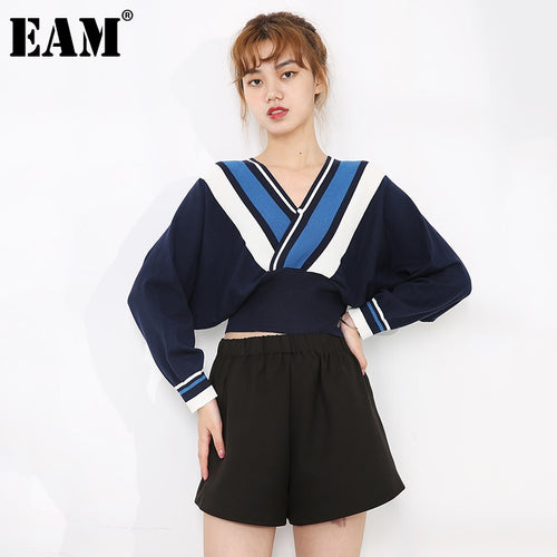 [EAM] Striped Big Size Knitting Sweater Loose Fit V-Neck Long Sleeve Women Pullovers New Fashion Tide Autumn Winter 2020 1Z91917